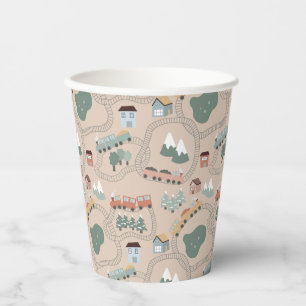Cute Colourful Trains on Train Tracks Kids Pattern Paper Cups