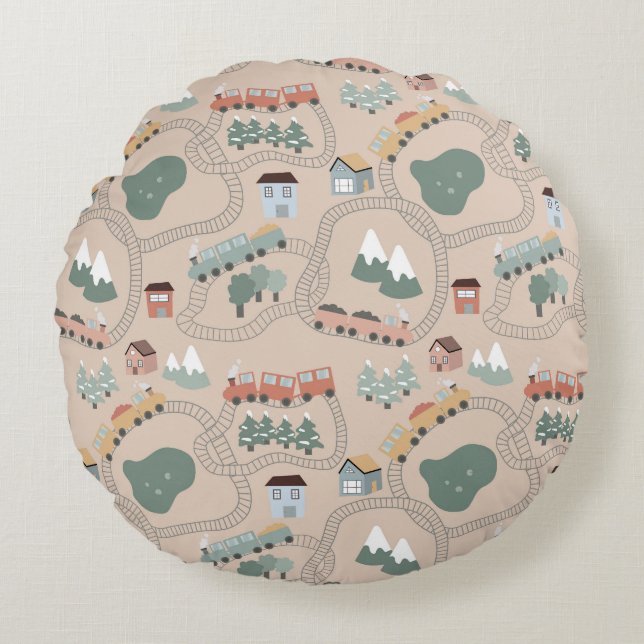 Cute Colourful Trains on Train Tracks Kids Pattern Round Cushion (Front)