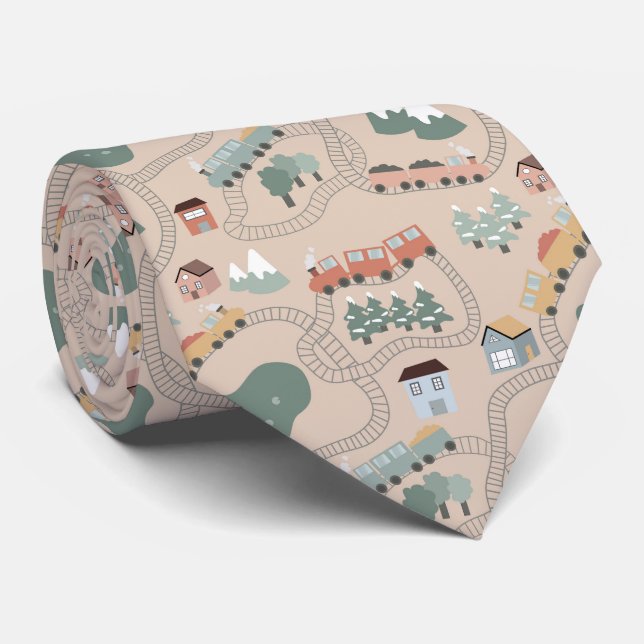 Cute Colourful Trains on Train Tracks Kids Pattern Tie (Rolled)