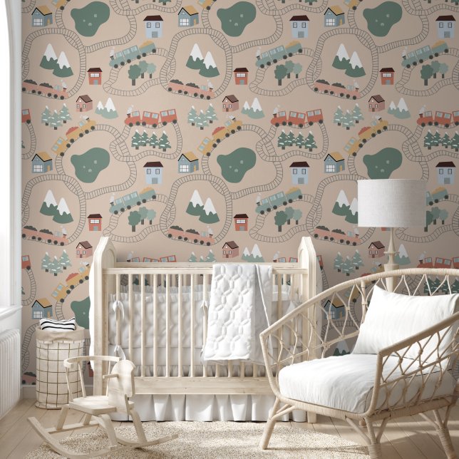 Cute Colourful Trains on Train Tracks Kids Pattern Wallpaper (Kids)
