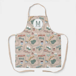 Cute Colourful Trains on Train Tracks Monogram Apron