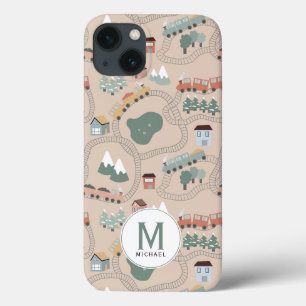 Cute Colourful Trains on Train Tracks Monogram iPhone 13 Case