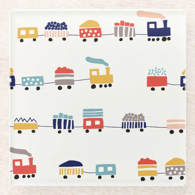 Cute, colourful trains seamless pattern. glass coaster (Front)