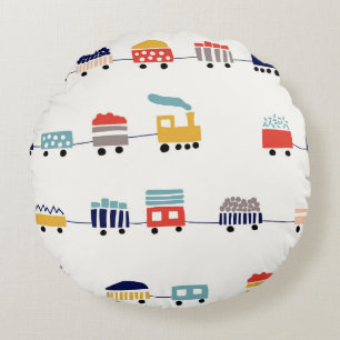 Cute, colourful trains seamless pattern. round cushion