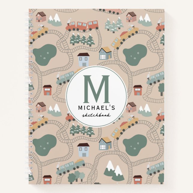 Cute Colourful Trains Train Tracks Kids Sketchbook Notebook (Front)