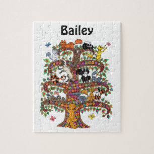 Cute Colourful Tree Cats Flowers Monogram Name Jigsaw Puzzle