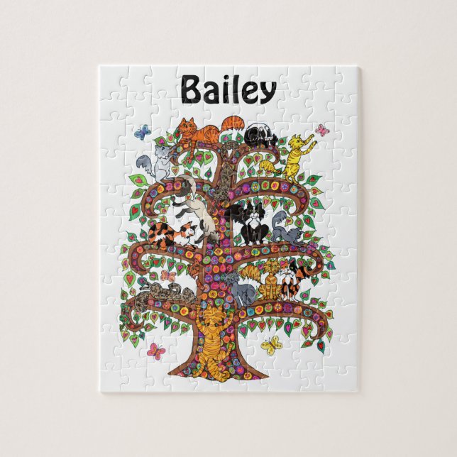 Cute Colourful Tree Cats Flowers Monogram Name Jigsaw Puzzle (Vertical)
