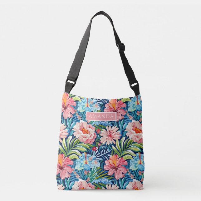 Cute Colourful Tropical Floral Pattern Custom Name Crossbody Bag (Front)