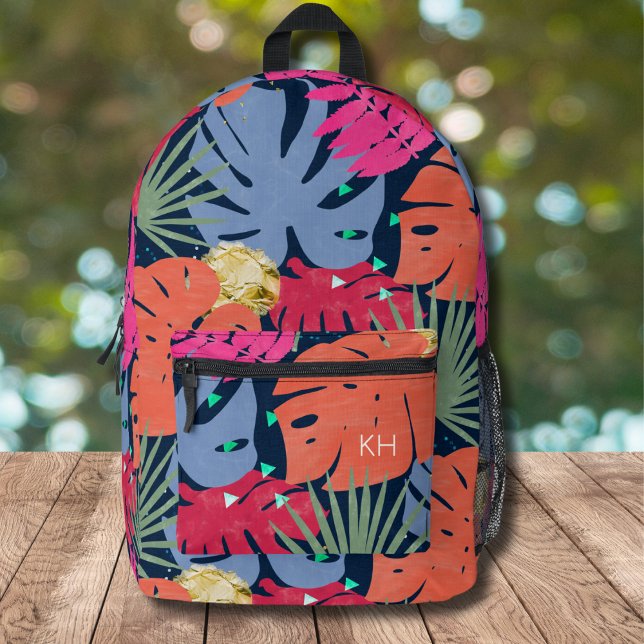 Cute Colourful Tropical Pattern Monogram Initials Printed Backpack (Creator Uploaded)