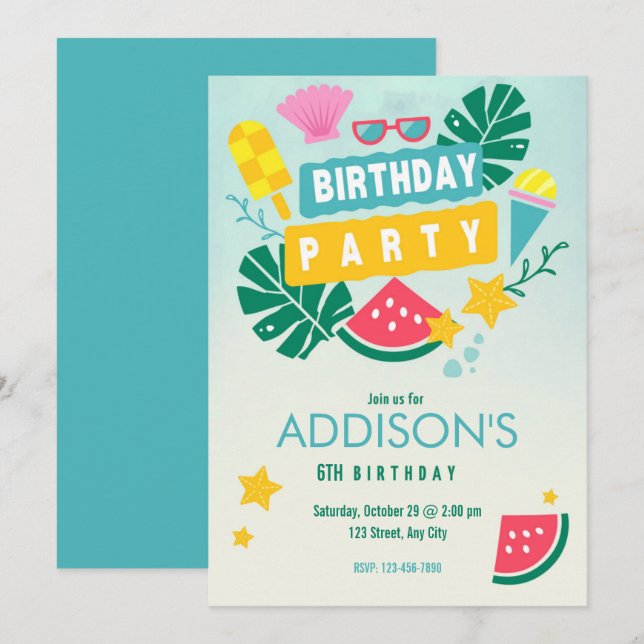Cute Colourful Tropical Summer Pool Birthday Party Invitation (Front/Back)