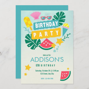 Cute Colourful Tropical Summer Pool Birthday Party Invitation