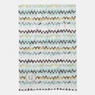 Cute colourful turquoise abstract pattern monogram tea towel