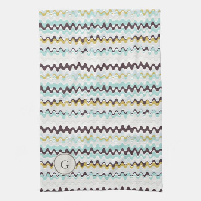 Cute colourful turquoise abstract pattern monogram tea towel (Vertical)