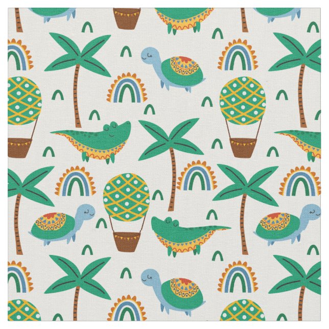 Cute Colourful Turtle Alligator Rainbow Pattern Fabric (Close Up)