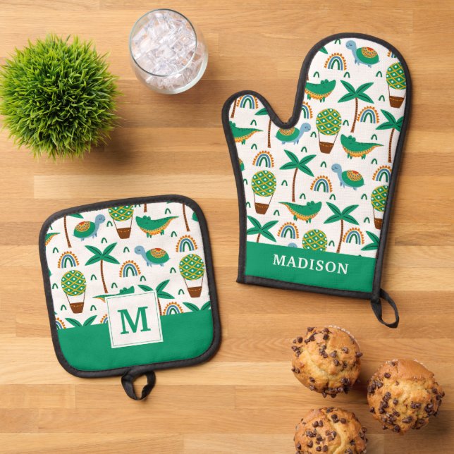 Cute Colourful Turtle Alligator Rainbow Pattern Oven Mitt & Pot Holder Set (Top Down)