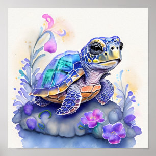 Cute Colourful Turtle Surrounded by Flowers Poster
