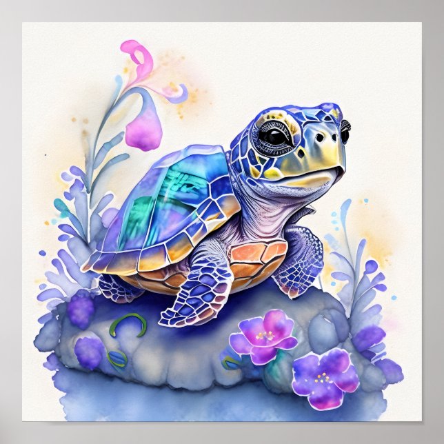 Cute Colourful Turtle Surrounded by Flowers Poster (Front)