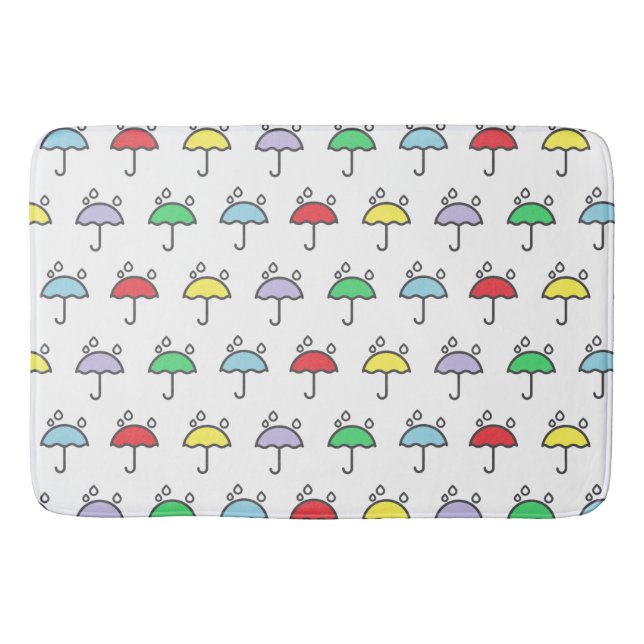 Cute Colourful Umbrellas and Raindrops Pattern Bath Mat (Front)