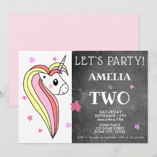 Cute Colourful Unicorn 2nd Birthday Invitation