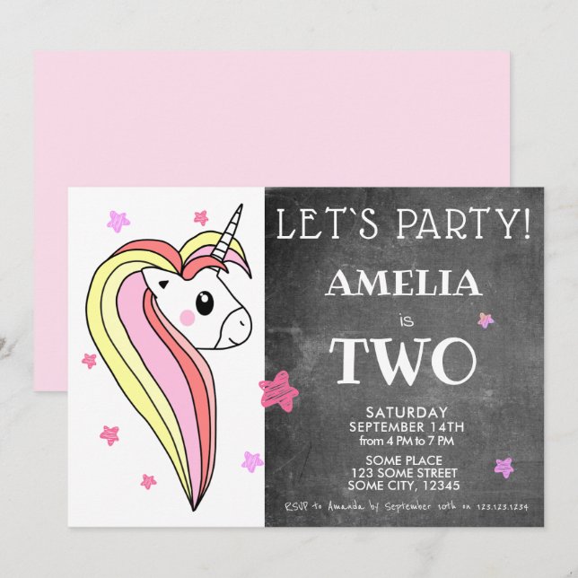 Cute Colourful Unicorn 2nd Birthday Invitation (Front/Back)
