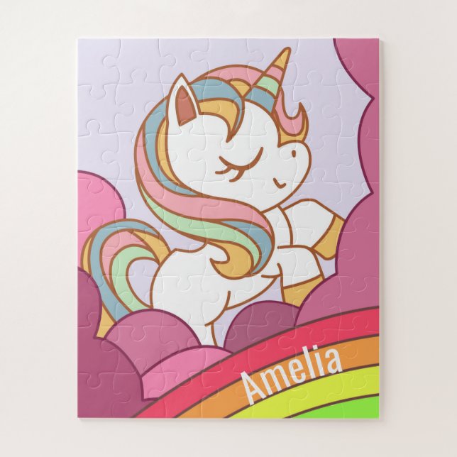 Cute Colourful Unicorn and Rainbow Art Girl's Name Jigsaw Puzzle (Vertical)