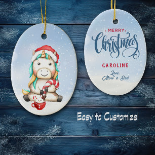 Cute Colourful Unicorn Candy Cane Kids Ceramic Ornament