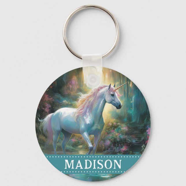 Cute Colourful Unicorn Keychain with Custom Name (Front)