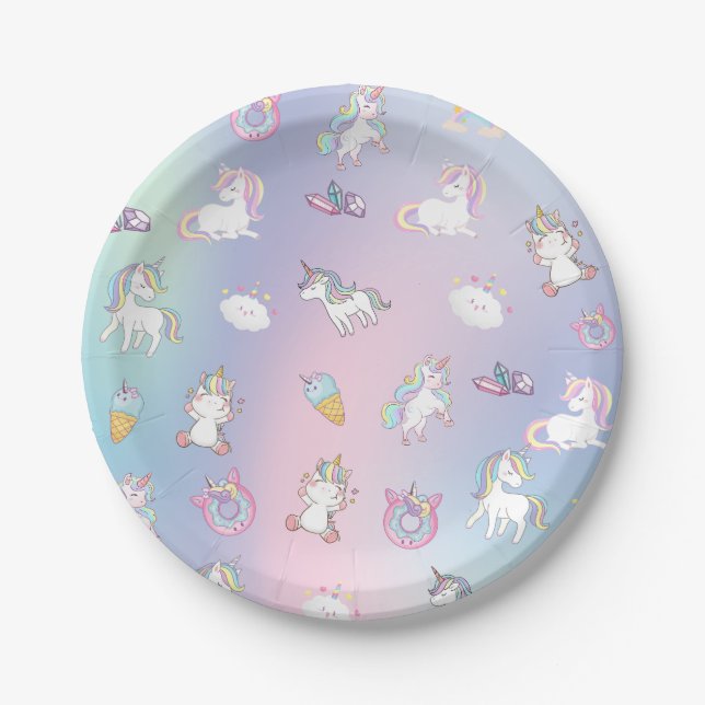 Cute colourful Unicorn pastel Rainbow Doughnuts Paper Plate (Front)