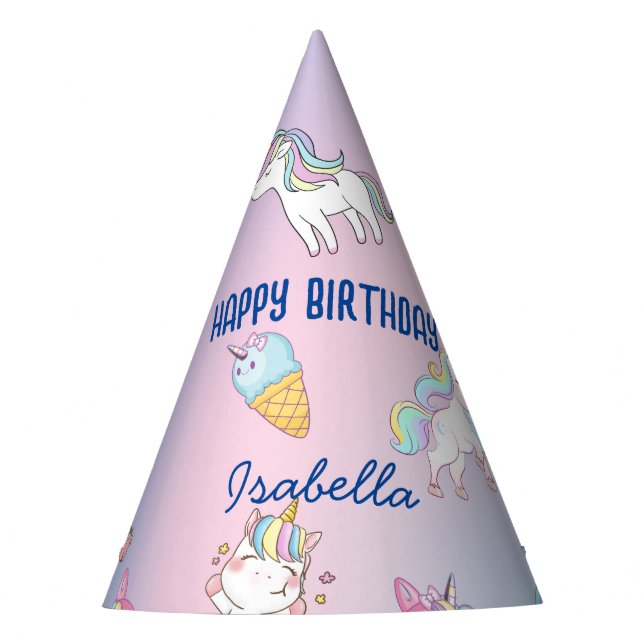 Cute colourful unicorn Rainbow Birthday party name Party Hat (Front)
