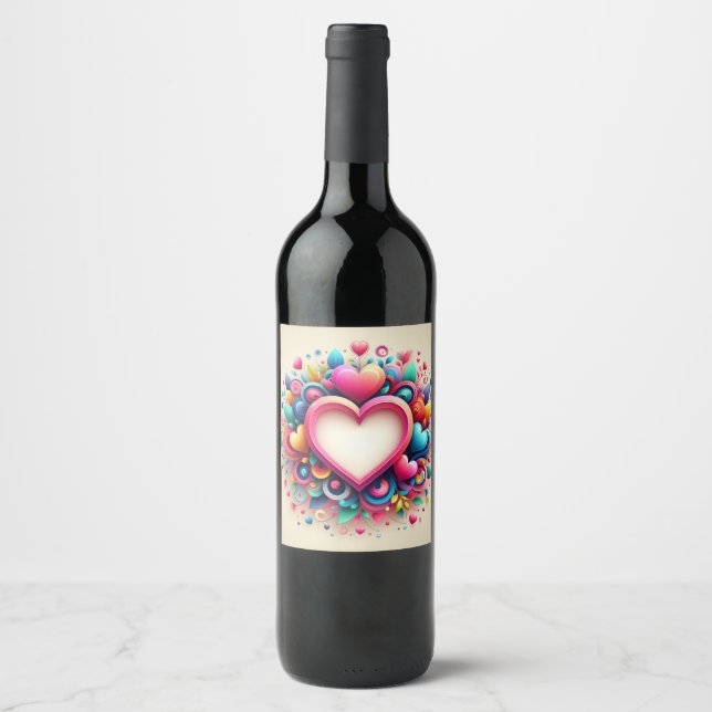 Cute Colourful Valentine's Day heart Wine Label (Front)