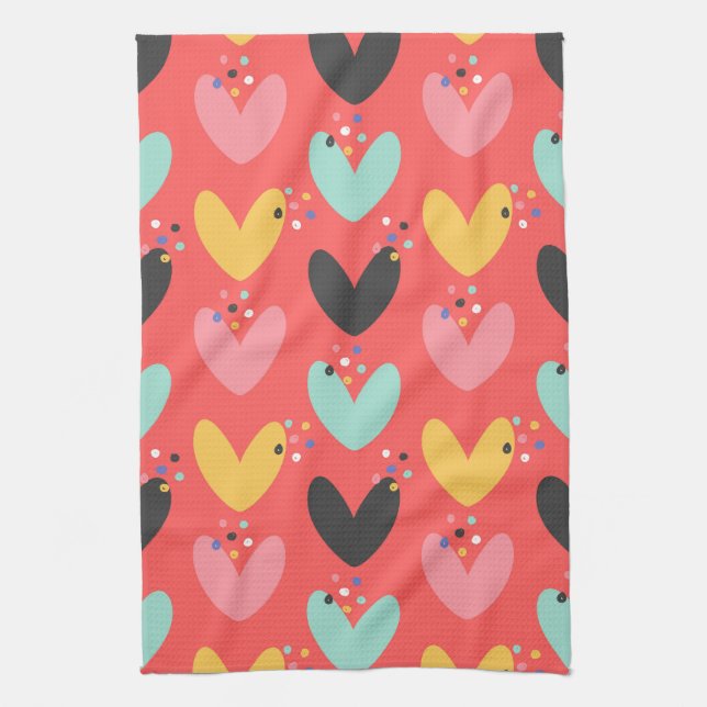Cute colourful Valentine's hearts pattern Tea Towel (Vertical)