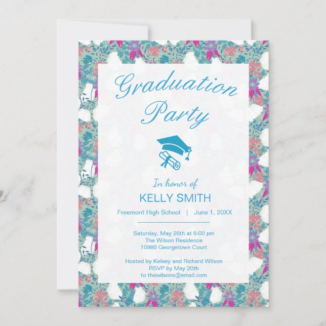Cute colourful vintage floral graduation party invitation (Front)