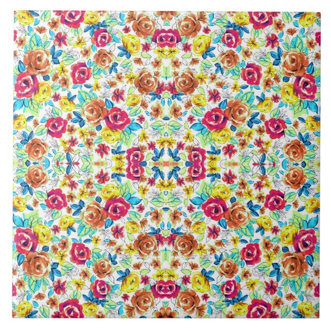 Cute colourful vintage roses patterns ceramic tile (Front)