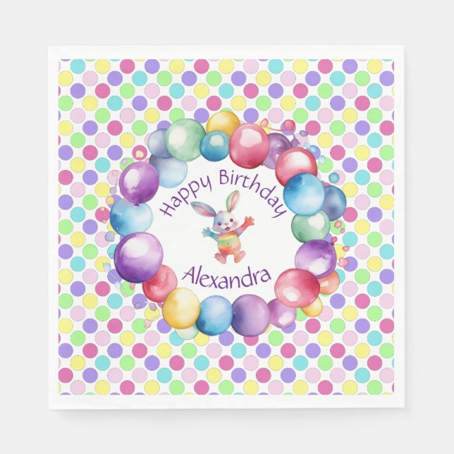 Cute Colourful Watercolor Bunny and Polka Dots Napkin (Front)