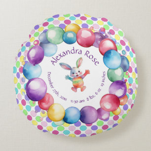 Cute Colourful Watercolor Bunny and Polka Dots Round Cushion
