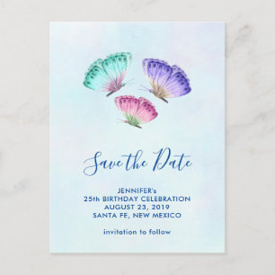 Cute Colourful Watercolor Butterflies Save the Dat Postcard