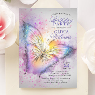 Cute Colourful Watercolor Butterfly Birthday Party Invitation