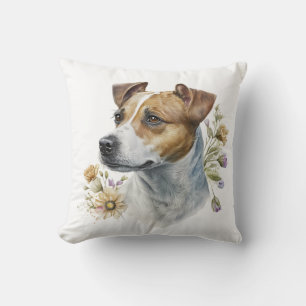 Cute Colourful Watercolor Floral Jack Russell Dog Cushion