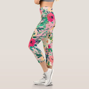 Cute Colourful Watercolor Floral Pink Design Capri Leggings