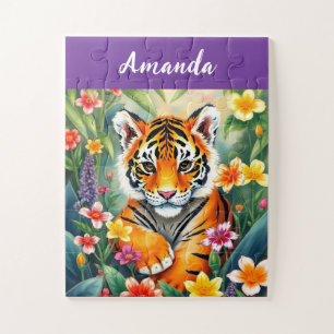 Cute Colourful Watercolor Flowers Kids Name Tiger Jigsaw Puzzle