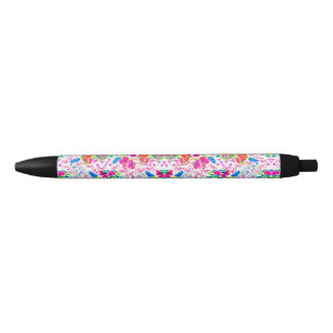 Cute colourful watercolor flowers pattern black ink pen