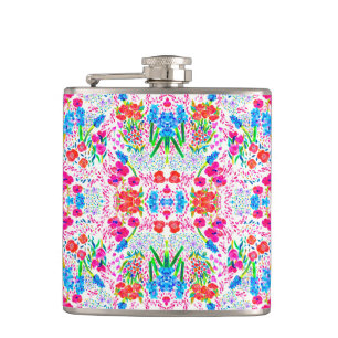Cute colourful watercolor flowers pattern hip flask