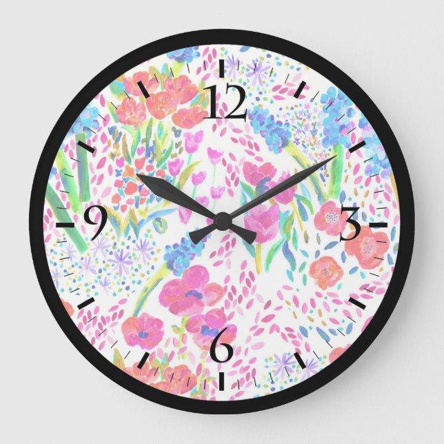 Cute colourful watercolor flowers pattern large clock (Front)