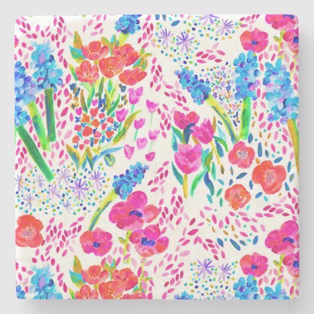 Cute colourful watercolor flowers pattern stone coaster (Front)