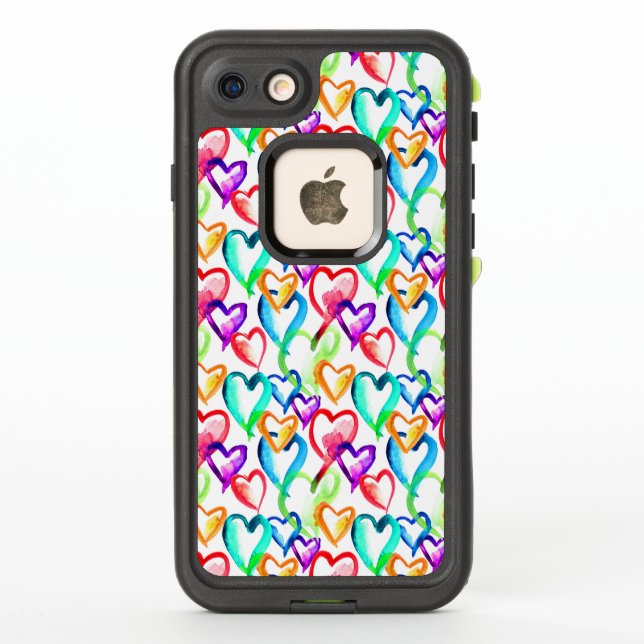 Cute colourful watercolor hearts pattern LifeProof iPhone case (Back)