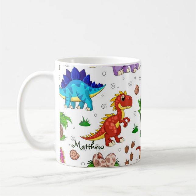 Cute Colourful Watercolor Pattern Jungle Dinosaur Coffee Mug (Left)