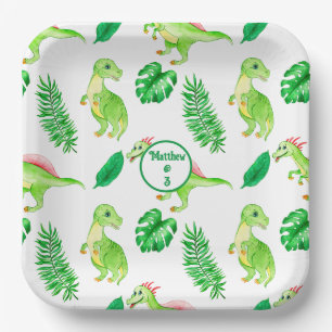 Cute Colourful Watercolor Pattern Jungle Dinosaur Paper Plate