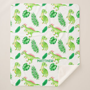 Cute Colourful Watercolor Pattern Jungle Dinosaur Sherpa Blanket
