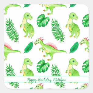 Cute Colourful Watercolor Pattern Jungle Dinosaur Square Sticker