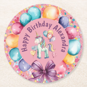 Cute Colourful Watercolor Unicorn Birthday Round Paper Coaster